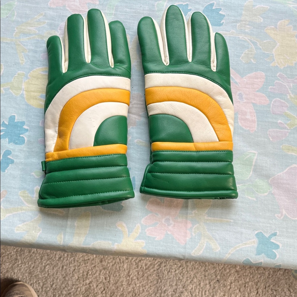 Vintage 1970s Winter Ski Snow Thermal Green Yellow Gloves Sz  men’s S